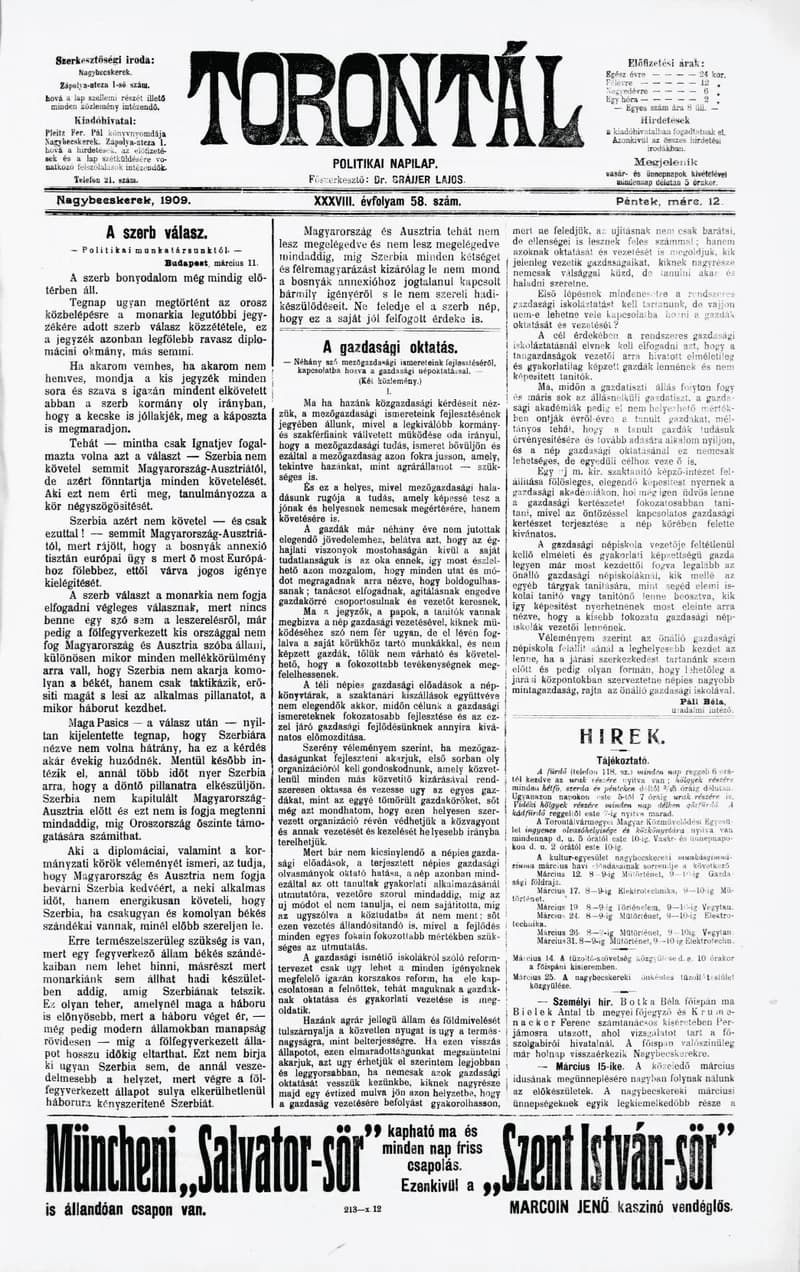 Torontál, 38. évf. 1909. március 12. 58. sz.