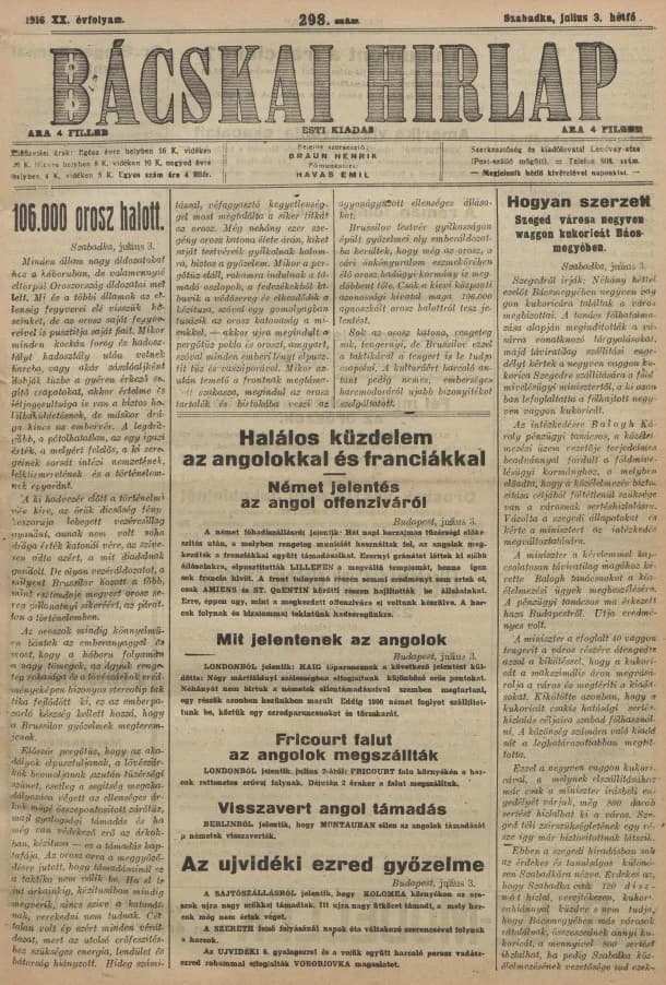 Bácskai Hirlap, 20. évf. 1916. július 3. 298. sz.