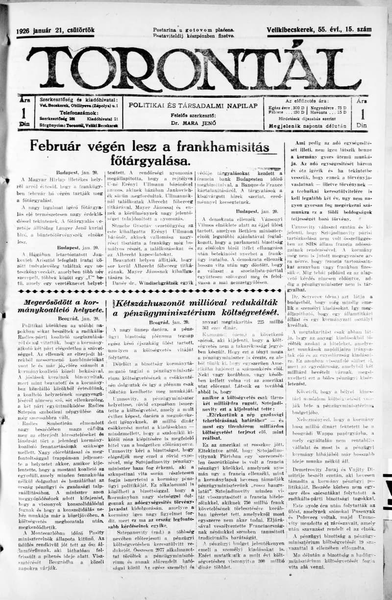 Torontál, 55. évf. 1926. január 21. 15. sz.