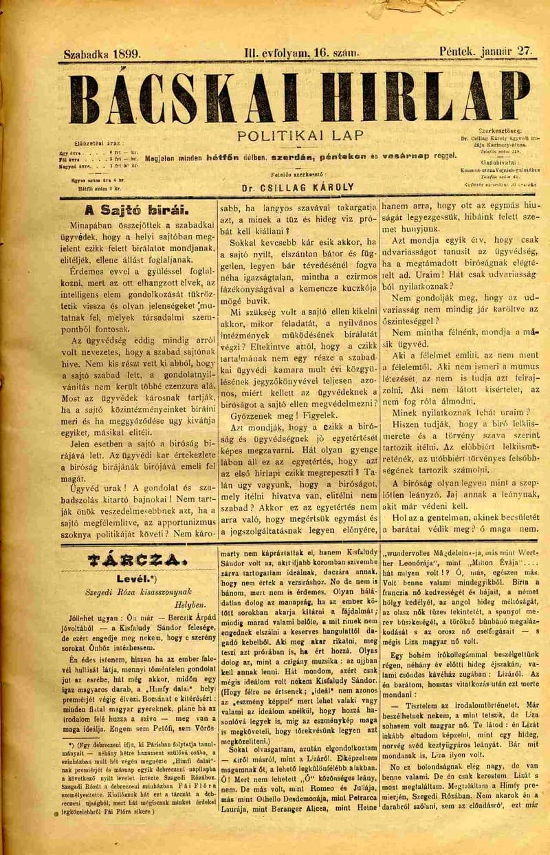 Bácskai Hirlap, 3. évf. 1899. január 27. 16. sz.