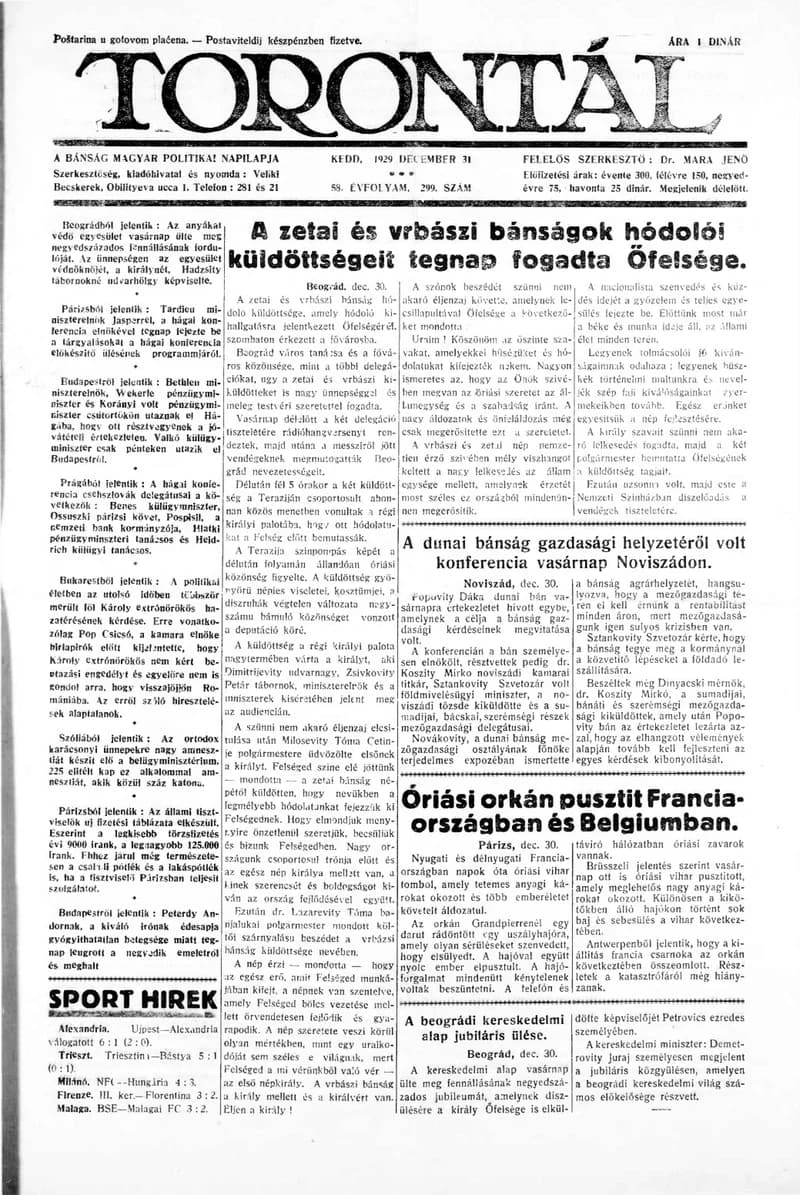 Torontál, 58. évf. 1929. december 31. 299. sz.