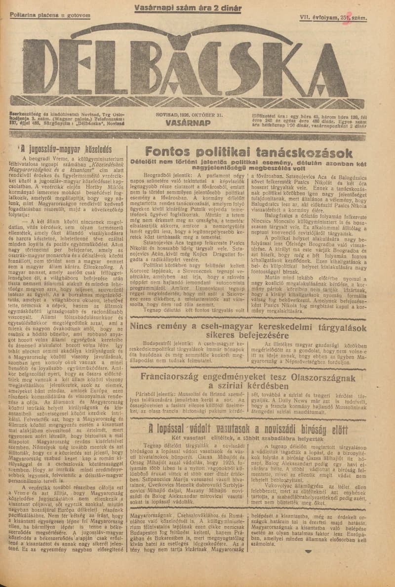 Délbácska, 7. évf. 1926. október 31. 253. sz.