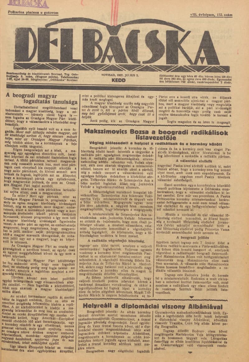 Délbácska, 8. évf. 1927. július 5. 152. sz.