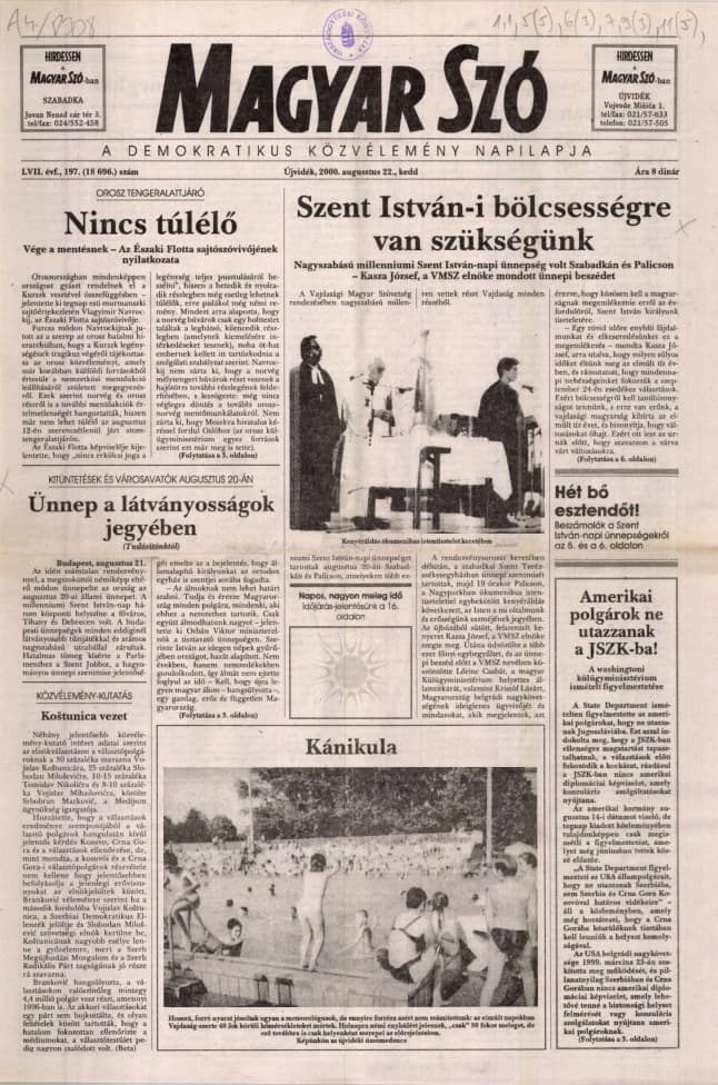 Magyar Szó, 57. évf. 2000. augusztus 22. 197. sz. 1–16. oldal