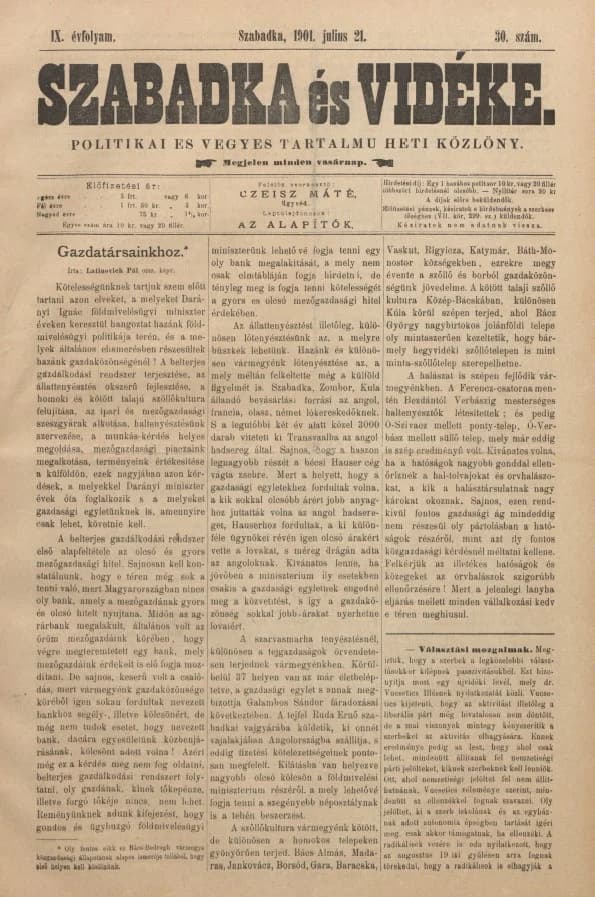 Szabadka és vidéke II, 9. évf. 1901. július 21. 30. sz.