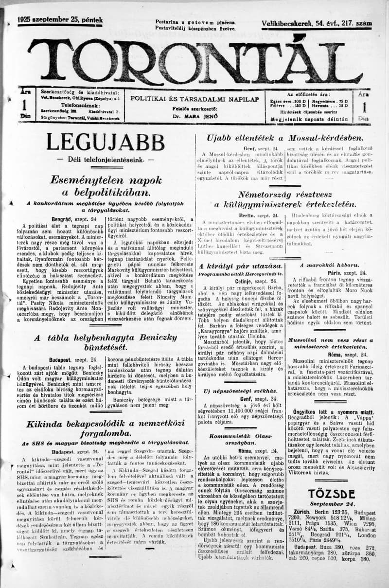 Torontál, 54. évf. 1925. szeptember 25. 217. sz.