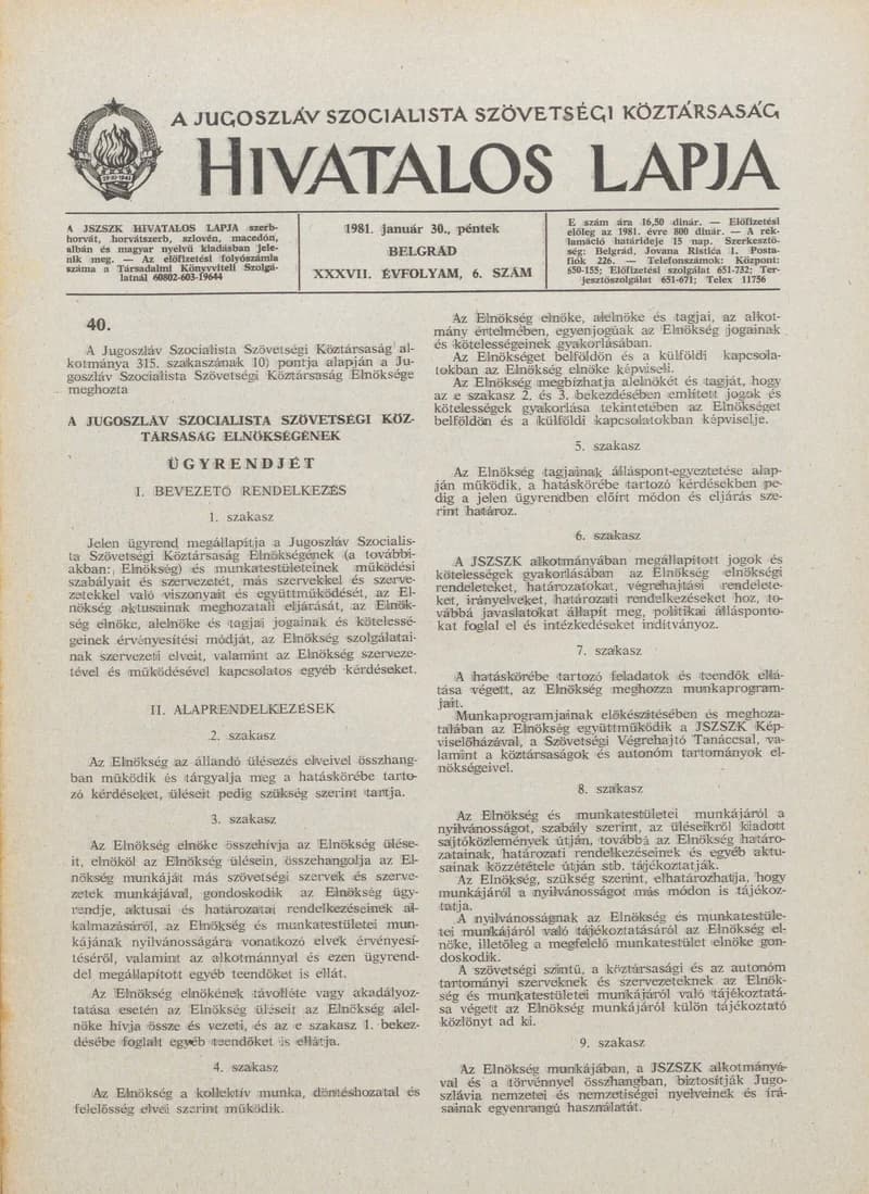 A Jugoszláv Szocialista Szövetségi Köztársaság Hivatalos Lapja, 37. évf. 1981. január 30. 6. sz. 189–232. oldal