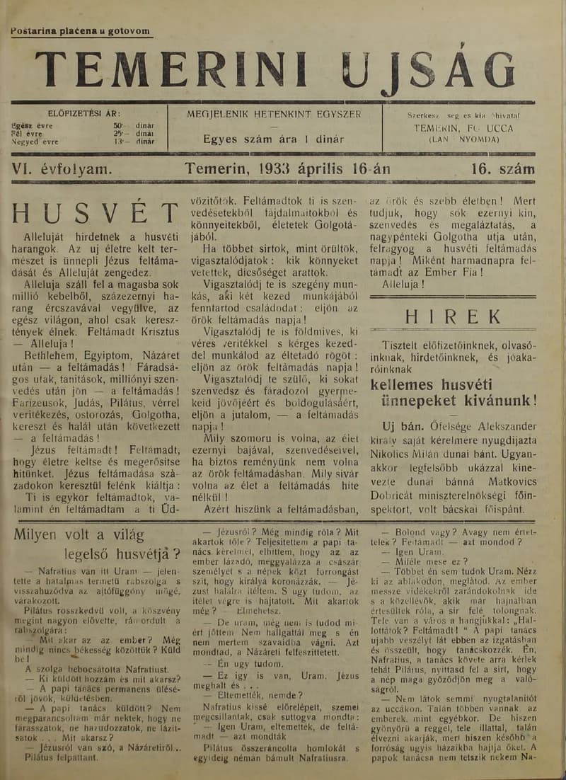 Temerini Újság 1928-1944, 6. évf. 1933. április 16. 16. sz.