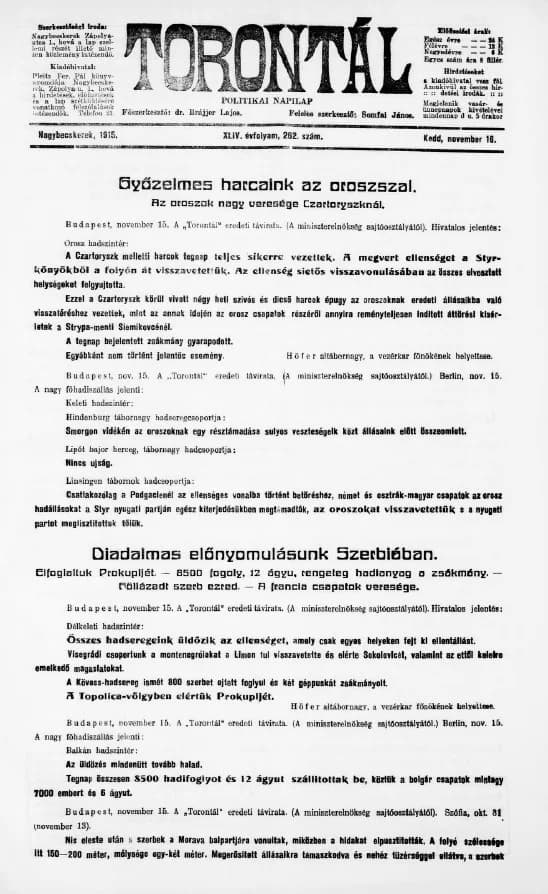 Torontál, 44. évf. 1915. november 16. 262. sz.