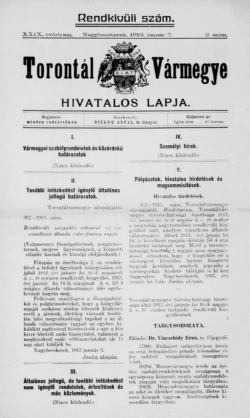 Torontál Vármegye Hivatalos Lapja, 29. évf. 1913. január 7. 2. sz.