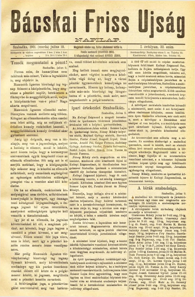 Bácskai Friss Ujság, 1. évf. 1901. július 10. 32. sz.