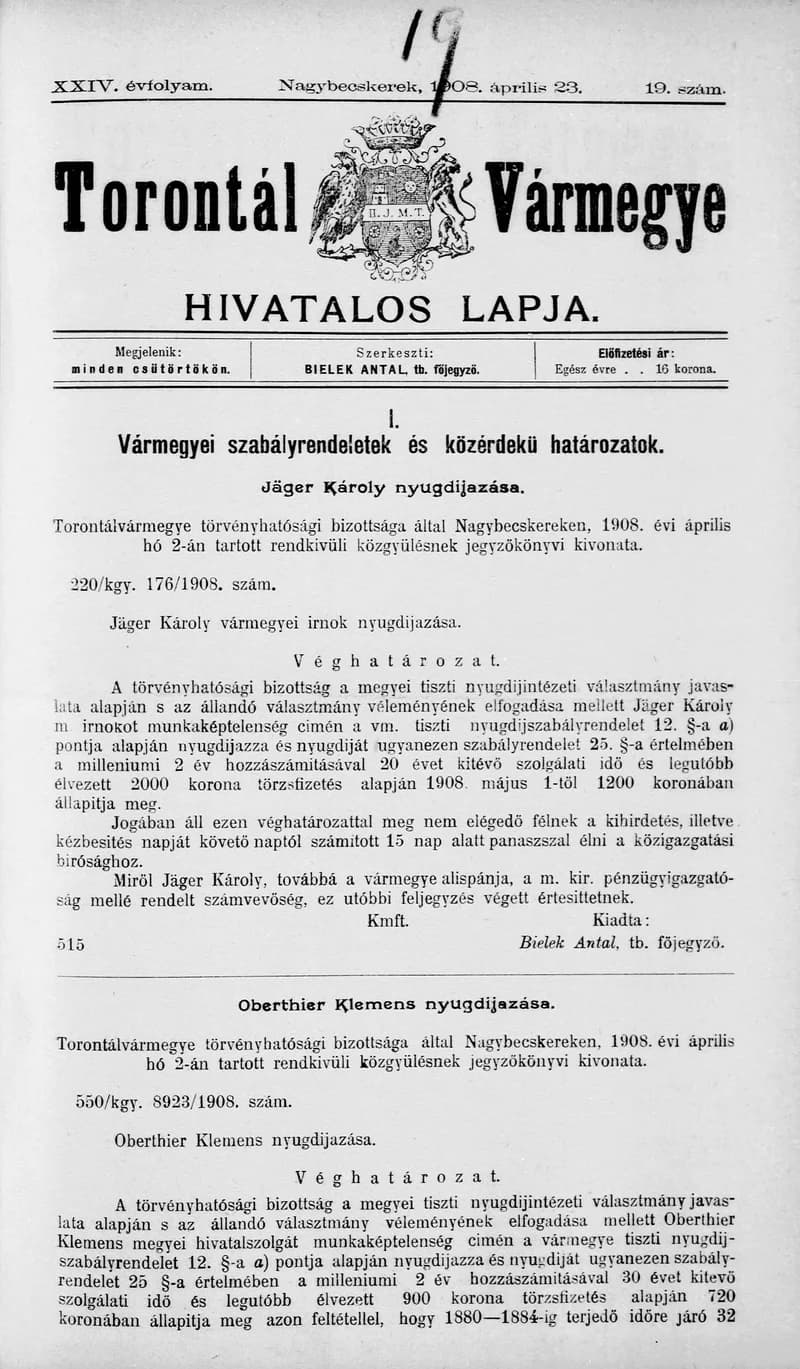 Torontál Vármegye Hivatalos Lapja, 24. évf. 1908. április 23. 19. sz.