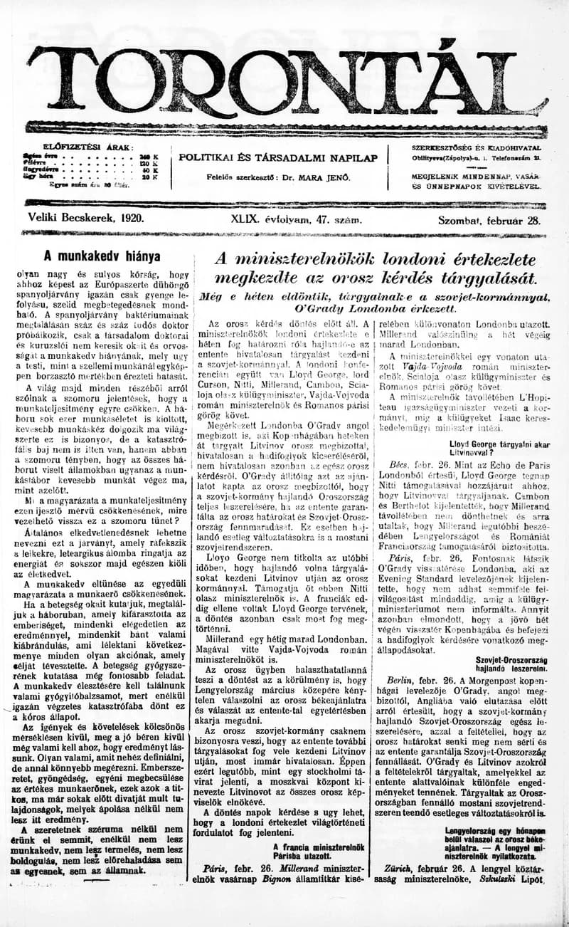 Torontál, 49. évf. 1920. február 28. 47. sz.