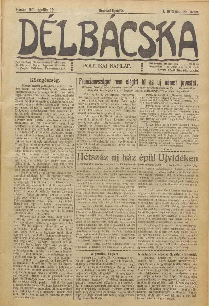 Délbácska, 2. évf. 1921. április 29. 98. sz.