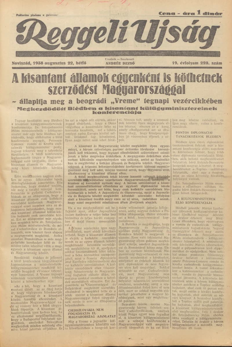 Reggeli Újság, 19. évf. 1938. augusztus 22. 228. sz.