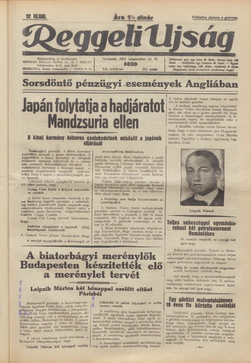Reggeli Újság, 12. évf. 1931. szeptember 22. 222. sz.