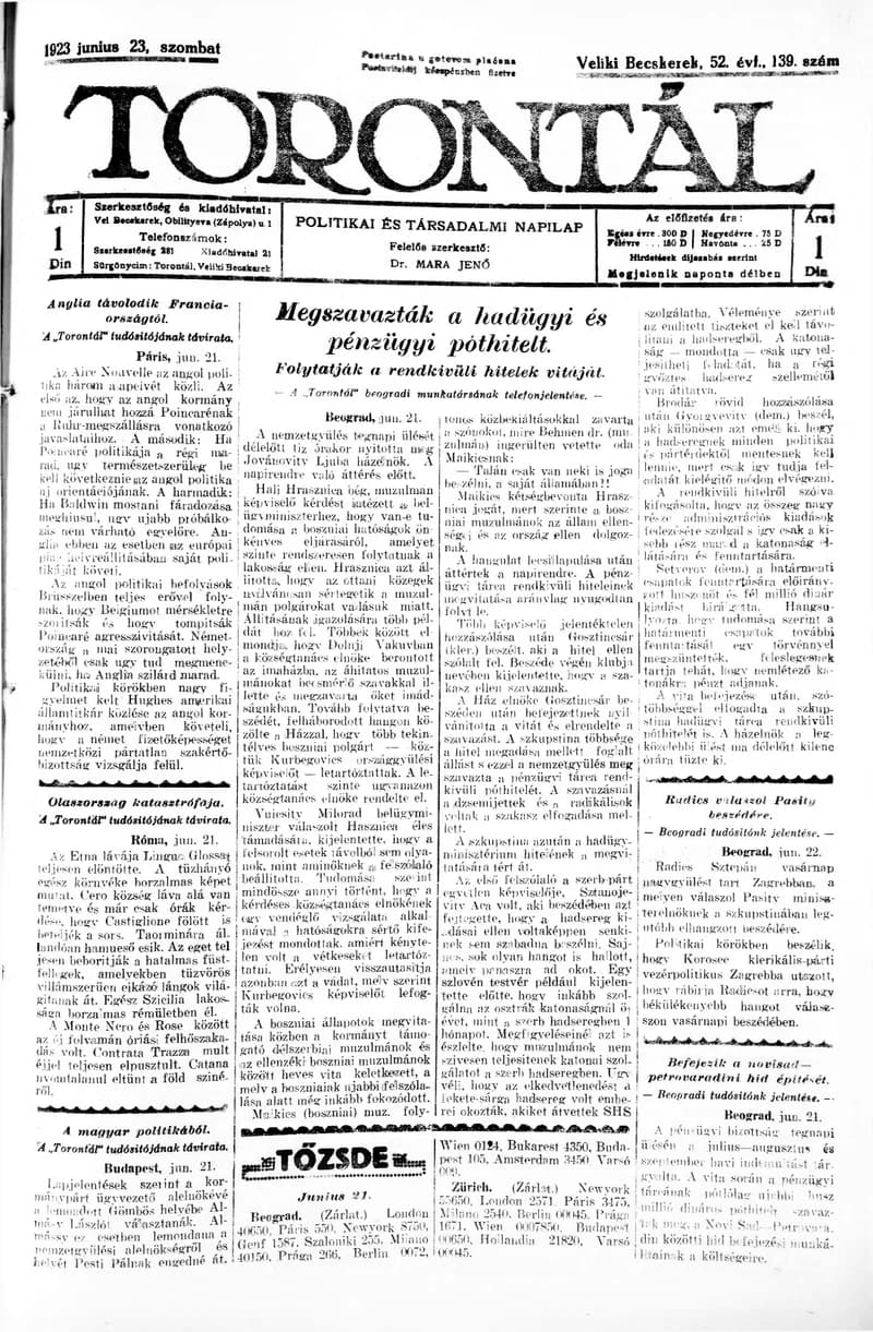 Torontál, 52. évf. 1923. június 23. 139. sz.