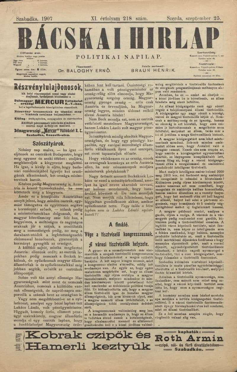 Bácskai Hirlap, 11. évf. 1907. szeptember 25. 218. sz.