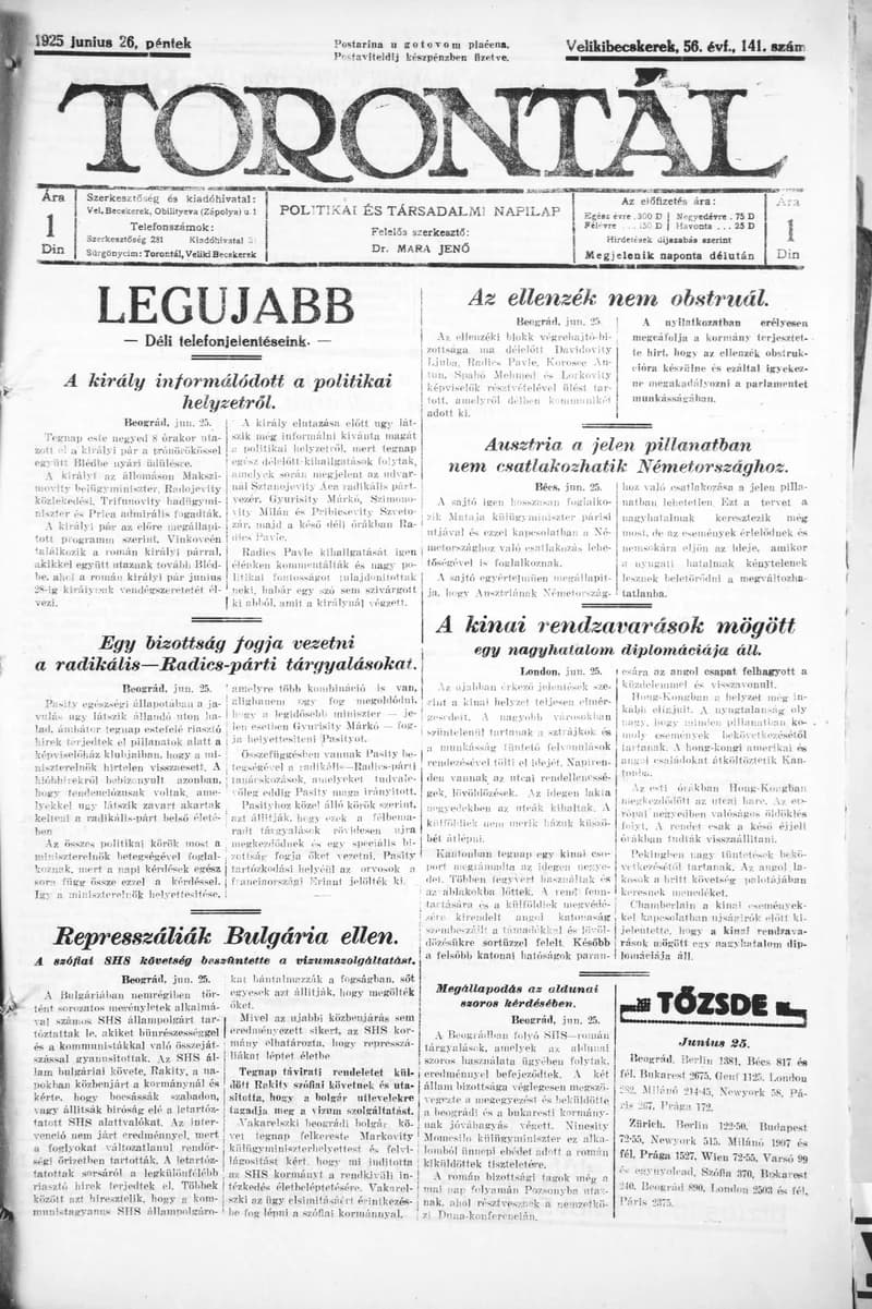 Torontál, 54. évf. 1925. június 26. 141. sz.