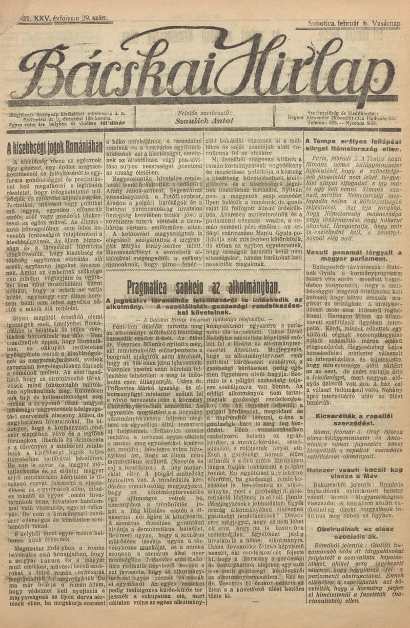 Bácskai Hirlap, 25. évf. 1921. február 6. 29. sz.