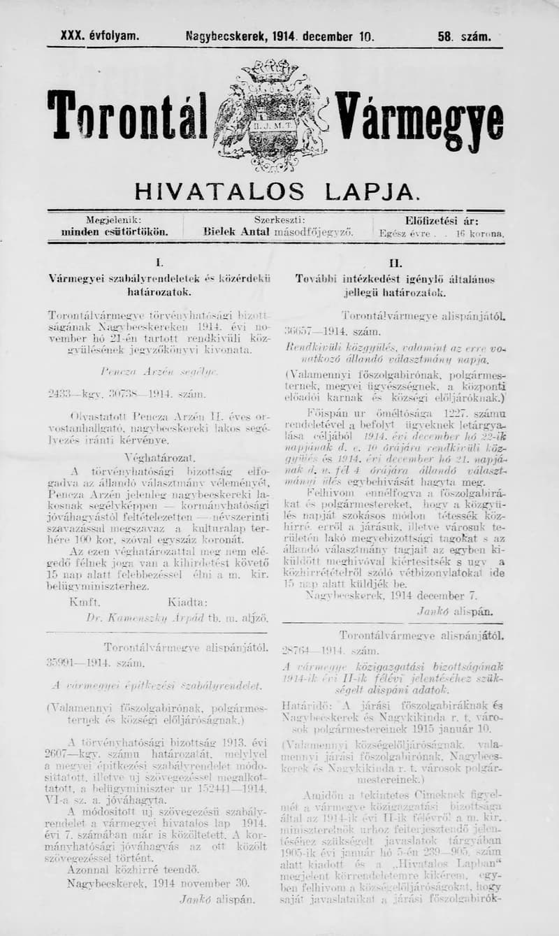Torontál Vármegye Hivatalos Lapja, 30. évf. 1914. december 10. 58. sz.