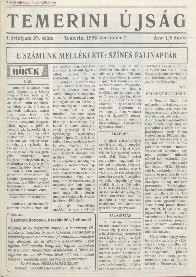 Temerini Újság, 1. évf. 1995. december 7. 39. sz.