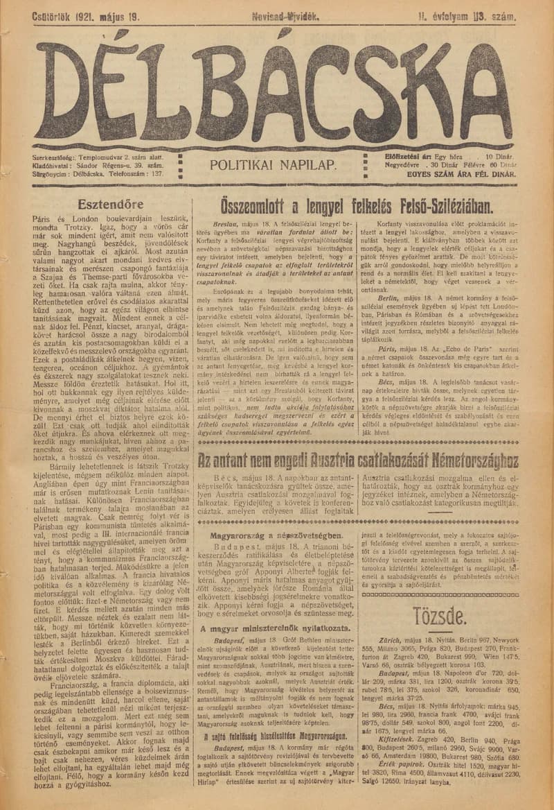 Délbácska, 2. évf. 1921. május 19. 113. sz.