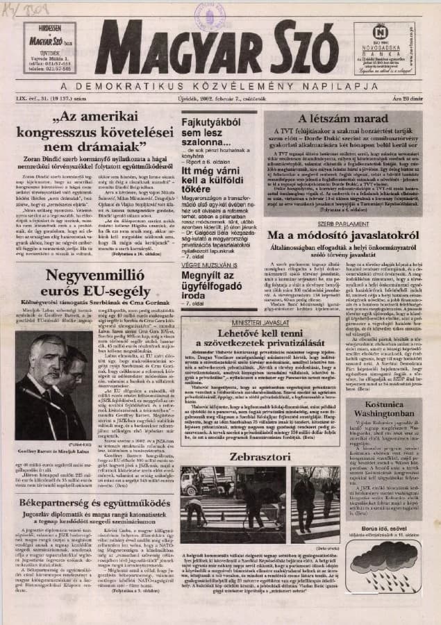Magyar Szó, 59. évf. 2002. február 7. 31. sz. 1–16. oldal