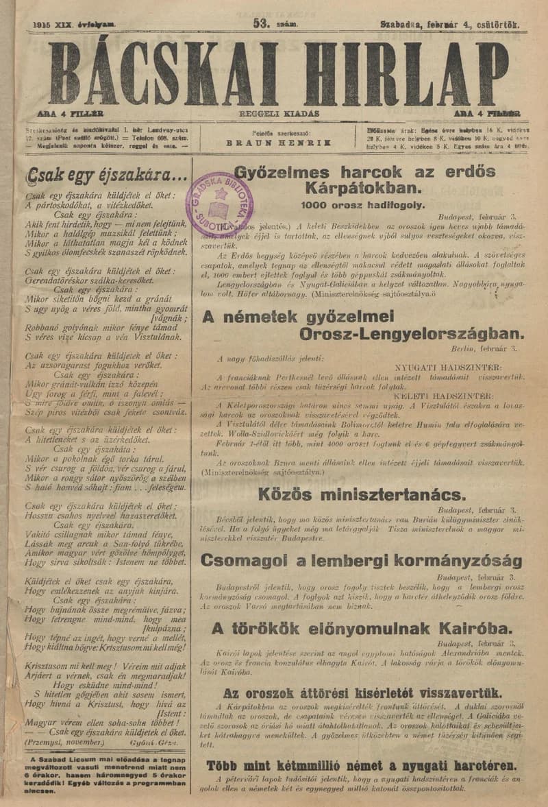 Bácskai Hirlap, 19. évf. 1915. február 4. 53. sz.