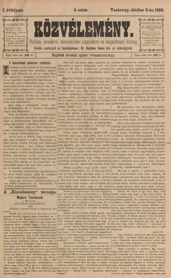 Közvélemény, 1. évf. 1886. október 3. 5. sz.
