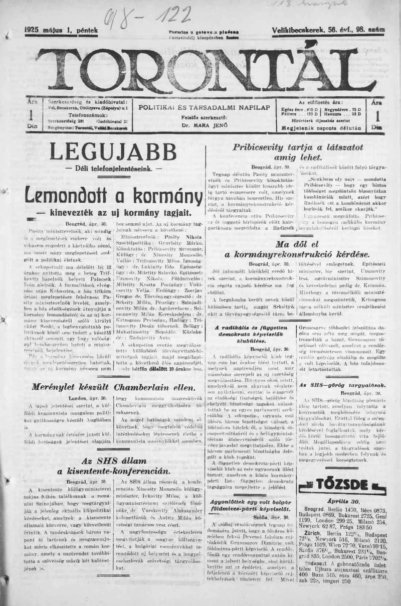 Torontál, 54. évf. 1925. május 1. 98. sz.