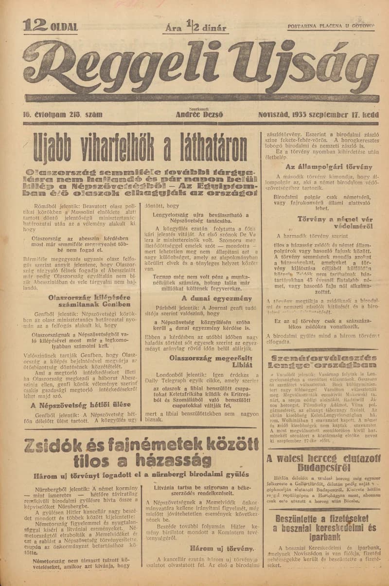 Reggeli Újság, 16. évf. 1935. szeptember 17. 218. sz.