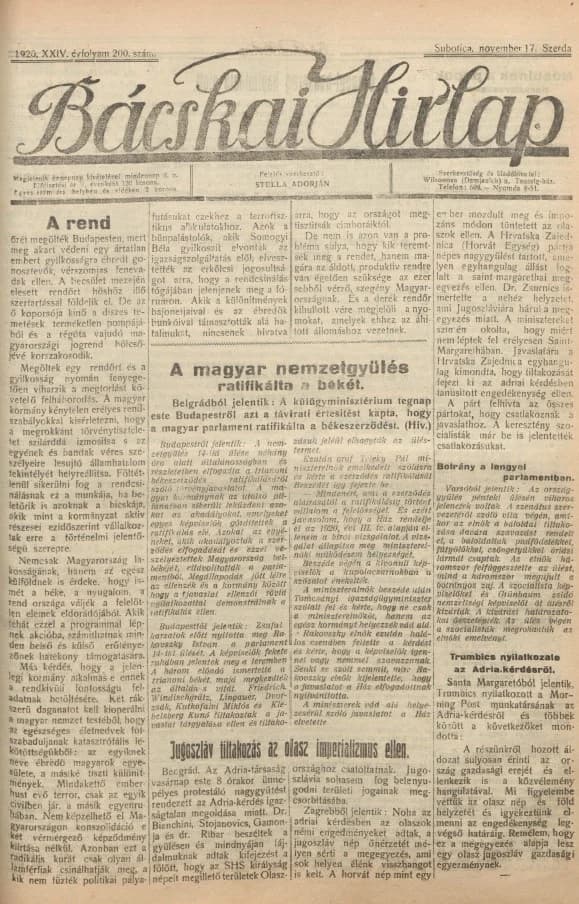Bácskai Hirlap, 24. évf. 1920. november 17. 200. sz.