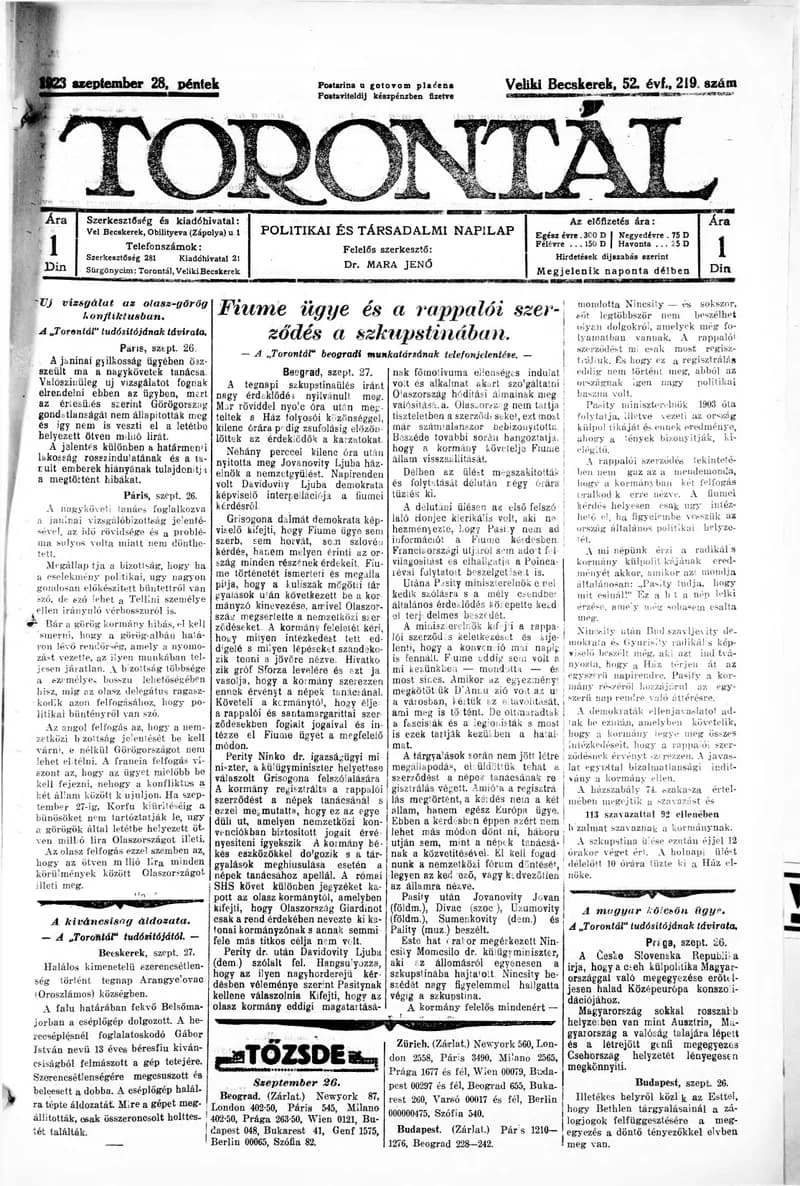 Torontál, 52. évf. 1923. szeptember 28. 219. sz.