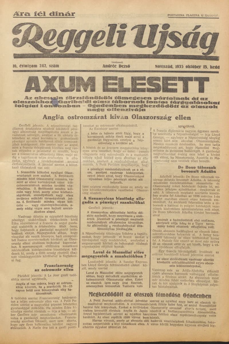 Reggeli Újság, 16. évf. 1935. október 15. 242. sz.