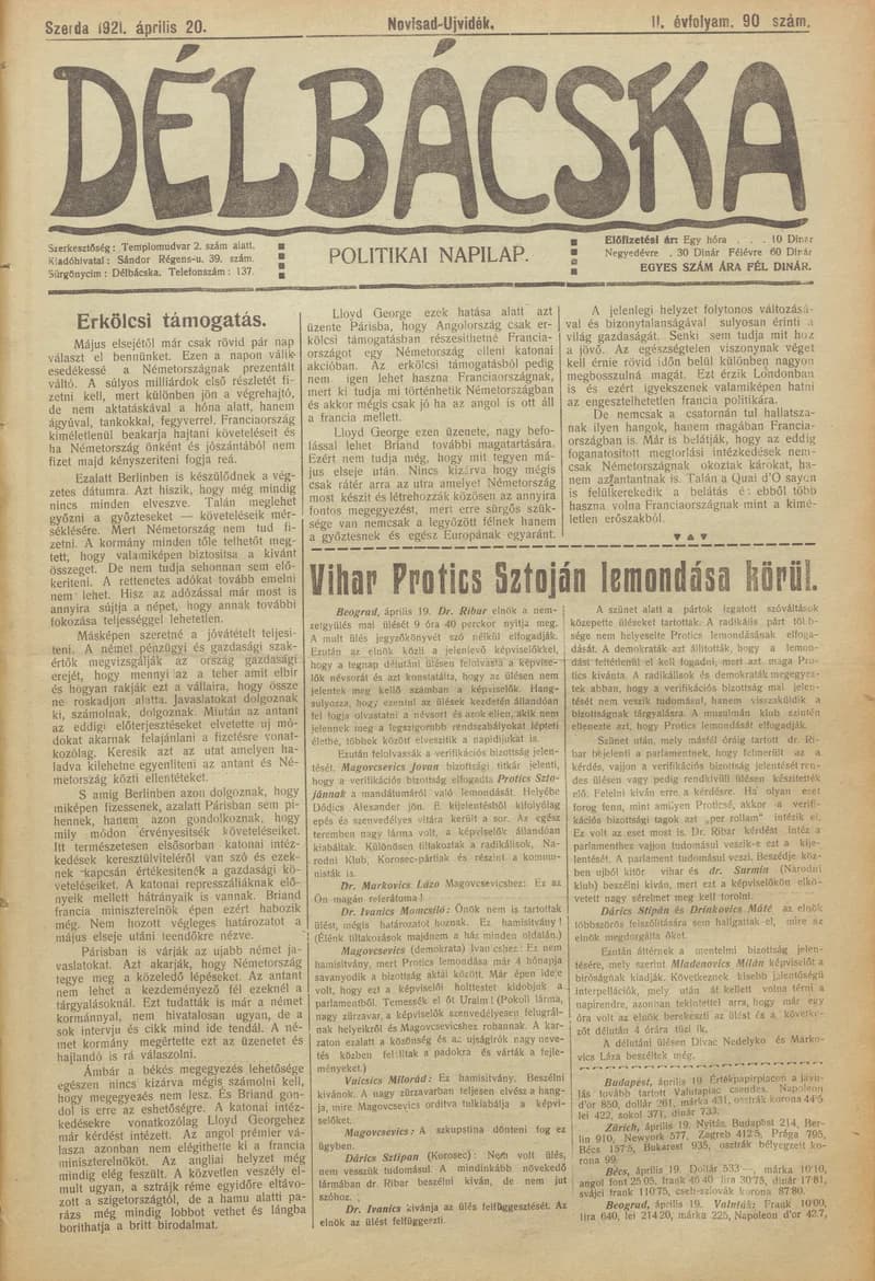Délbácska, 2. évf. 1921. április 20. 90. sz.