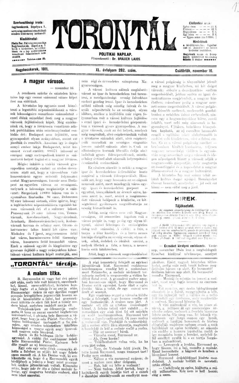 Torontál, 40. évf. 1911. november 16. 262. sz.