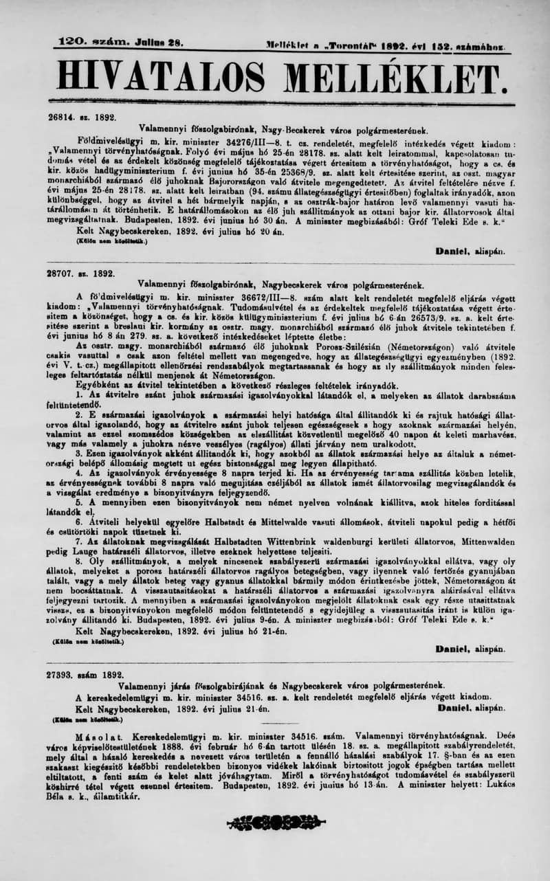 A Totontál  hivatalos melléklete, 5. évf. 1892. július 28. 120. sz.