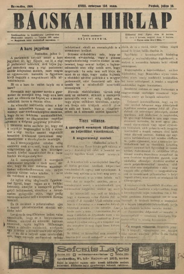 Bácskai Hirlap, 18. évf. 1914. július 10. 154. sz.