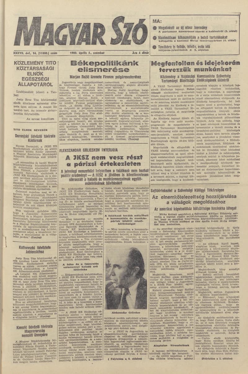 Magyar Szó, 37. évf. 1980. április 5. 94. sz. 1–20. oldal
