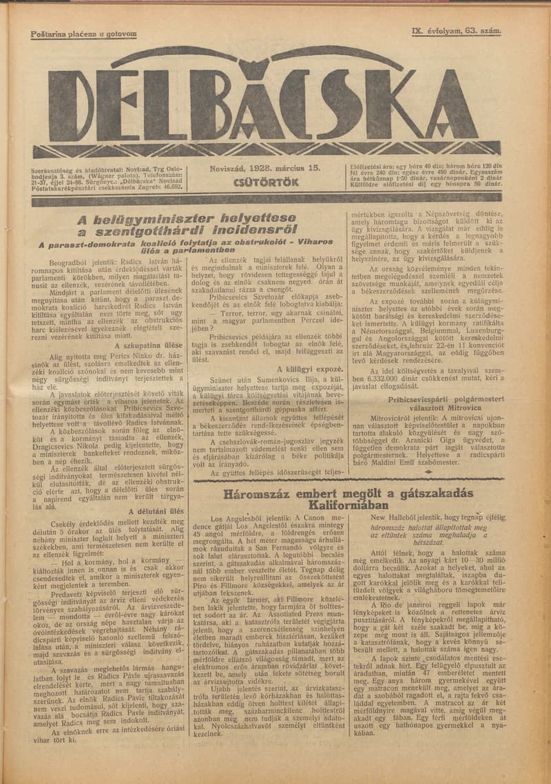 Délbácska, 9. évf. 1928. március 15. 63. sz.
