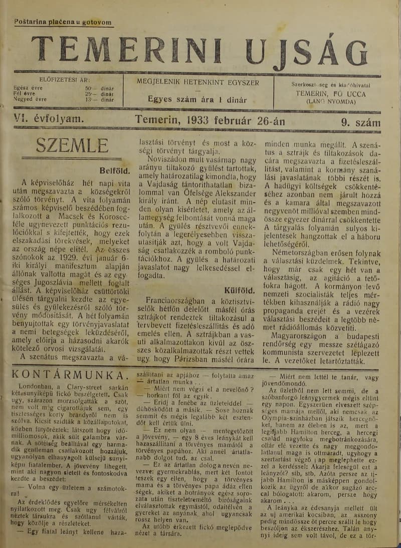 Temerini Újság 1928-1944, 6. évf. 1933. február 26. 9. sz.
