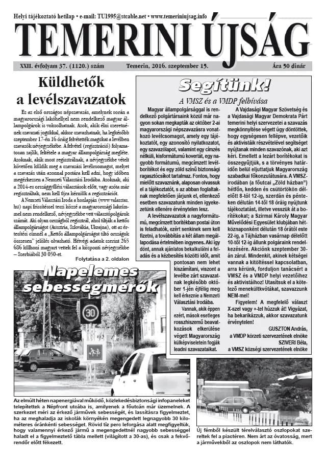 Temerini Újság, 22. évf. 2016. szeptember 15. 37. sz.