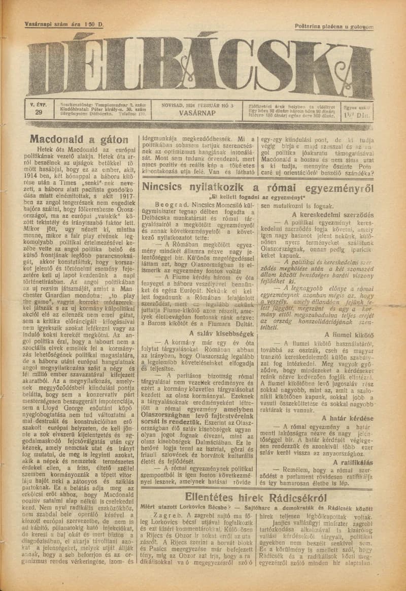Délbácska, 5. évf. 1924. február 3. 29. sz.
