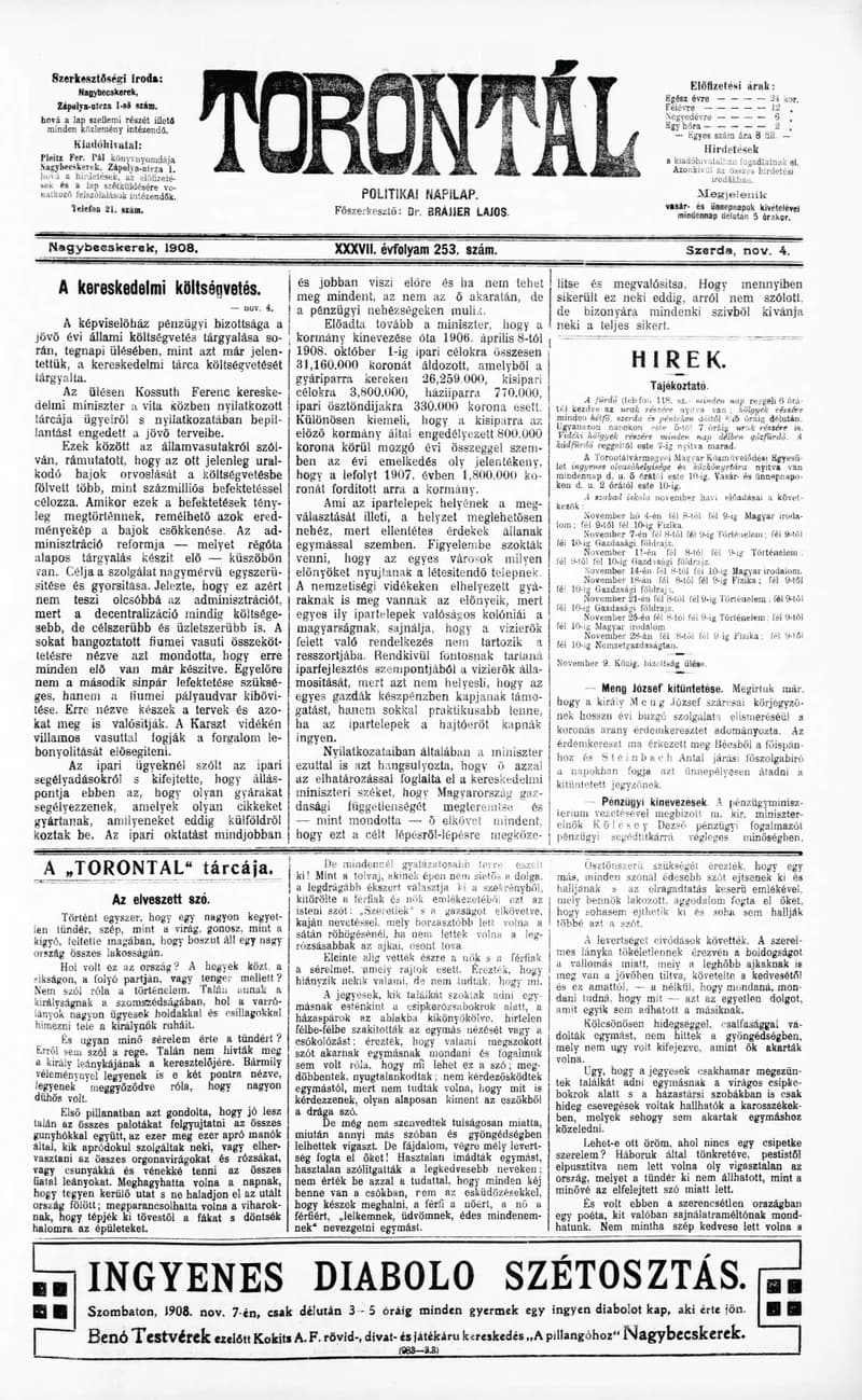 Torontál, 37. évf. 1908. november 4. 253. sz.