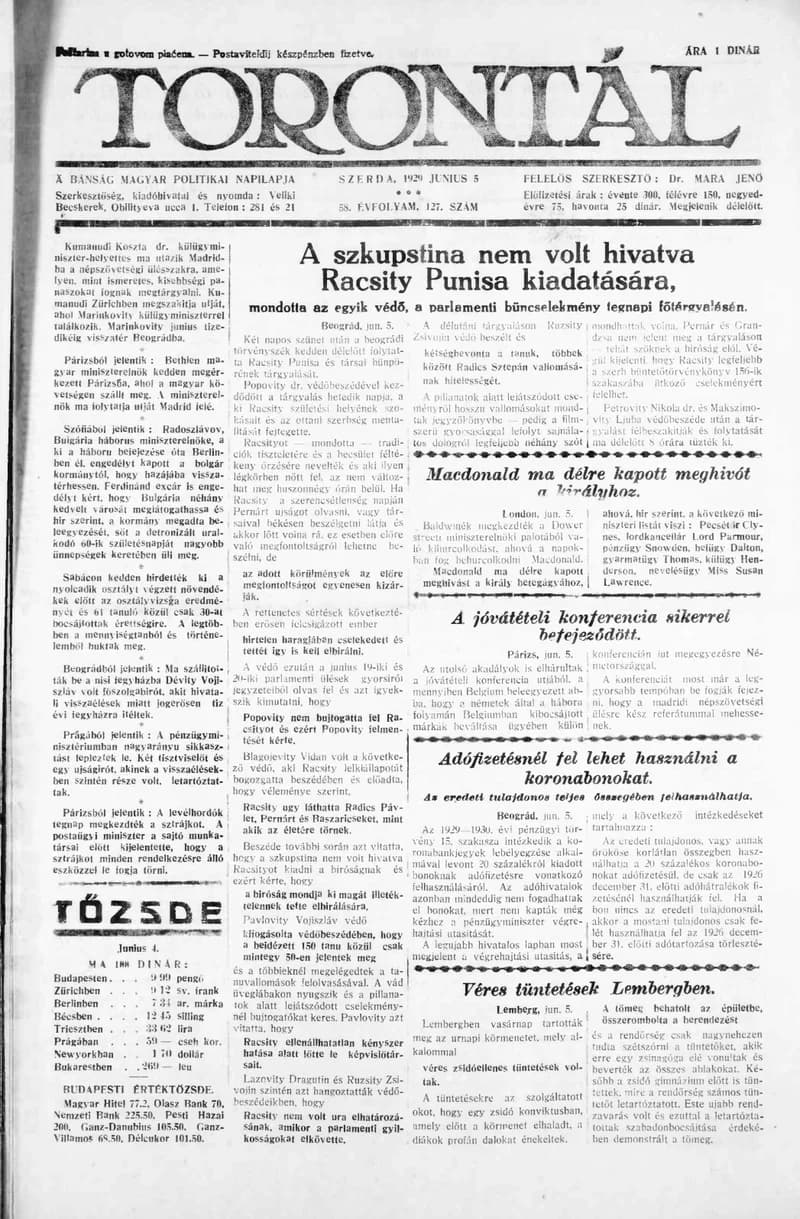 Torontál, 58. évf. 1929. június 5. 127. sz.