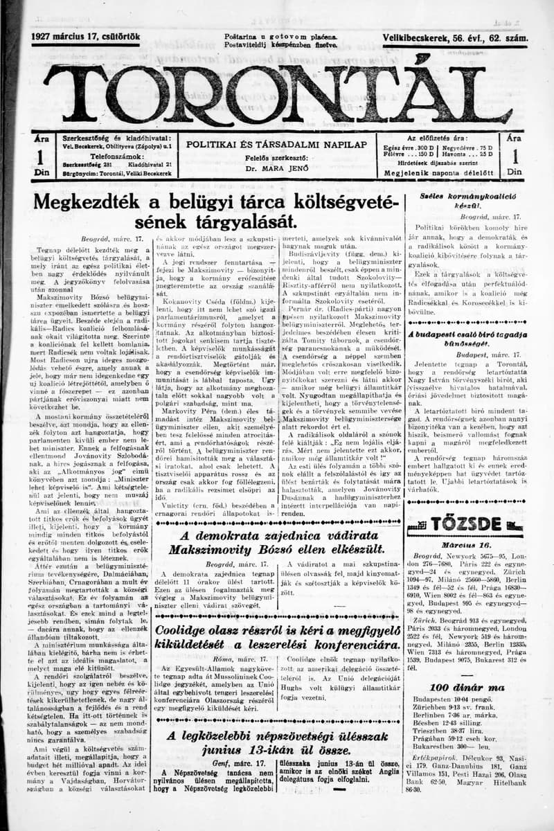 Torontál, 56. évf. 1927. március 17. 62. sz.