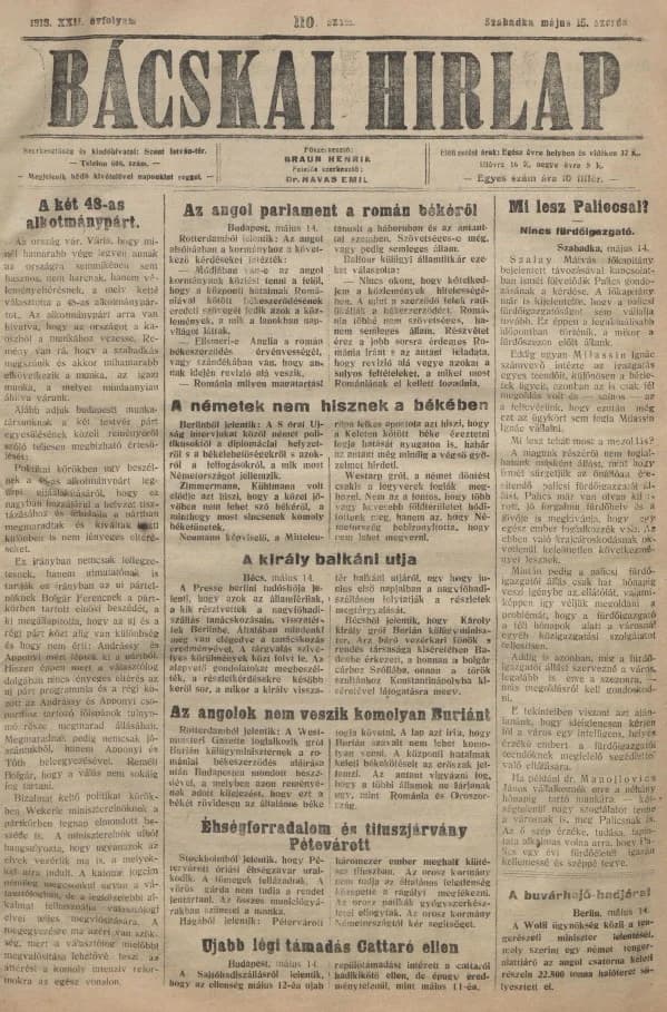Bácskai Hirlap, 22. évf. 1918. május 15. 110. sz.