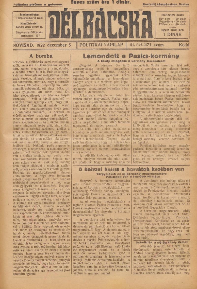 Délbácska, 3. évf. 1922. december 5. 271. sz.