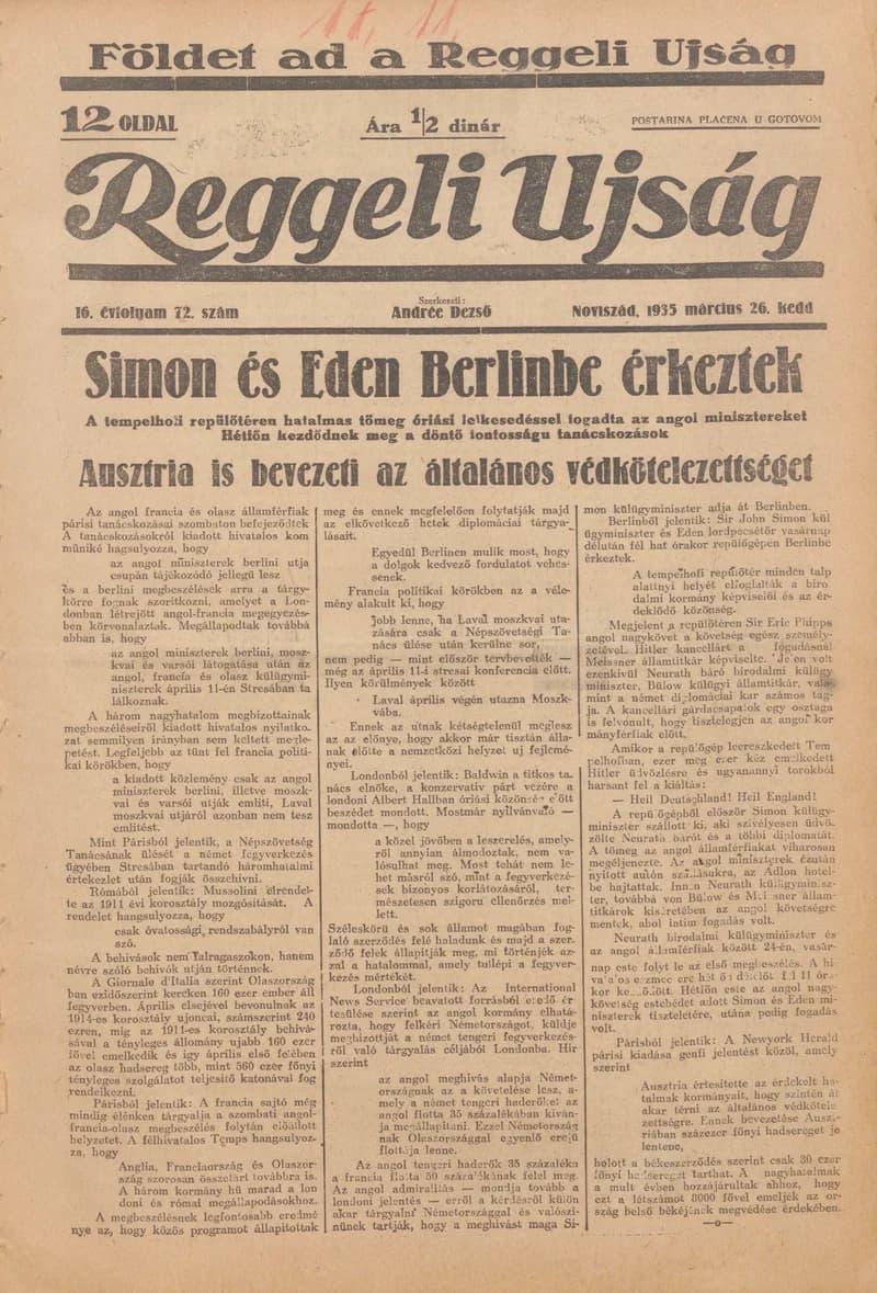 Reggeli Újság, 16. évf. 1935. március 26. 72. sz.